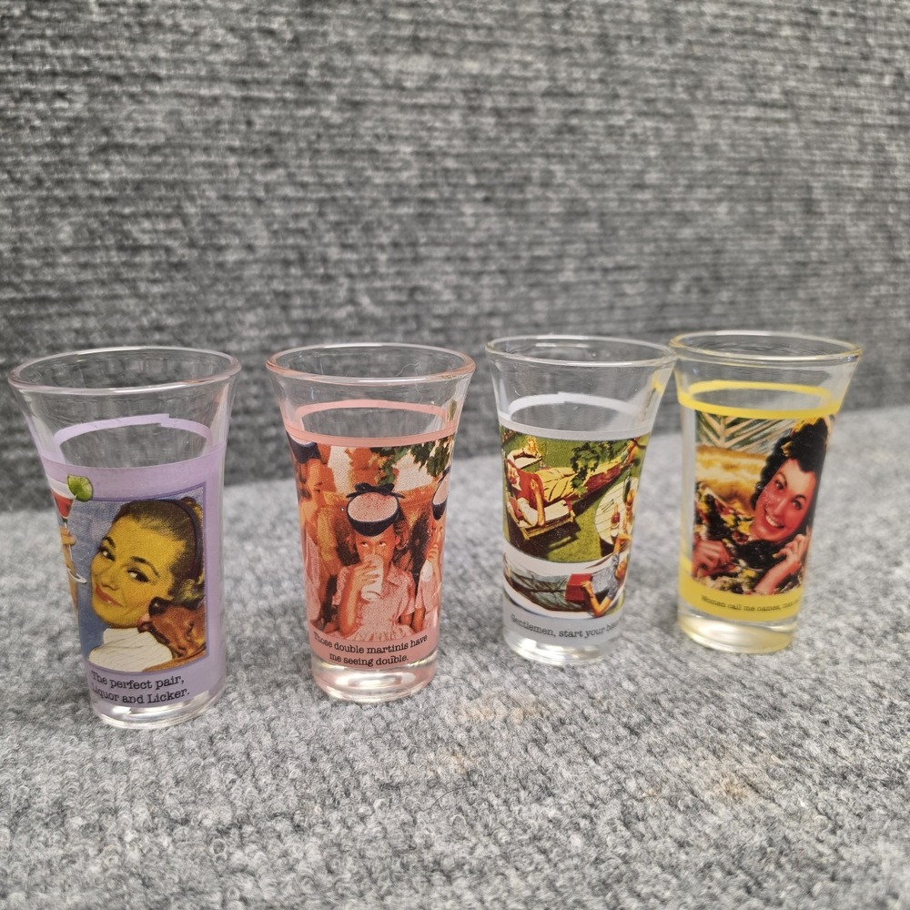 Vintage Anne Taintor Shot Glasses Set of 4 Retro 1950s Funny Humorous Barware